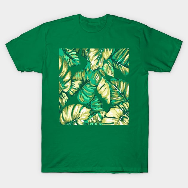 Tropical Leaves Of Banana and Monstera Green Khaki Cut Out T-Shirt by taiche